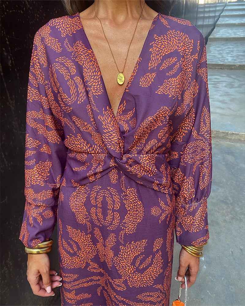 Women's Floral Print Midi Dress - V-Neck, Long Sleeves, Elegant Waistband Purple