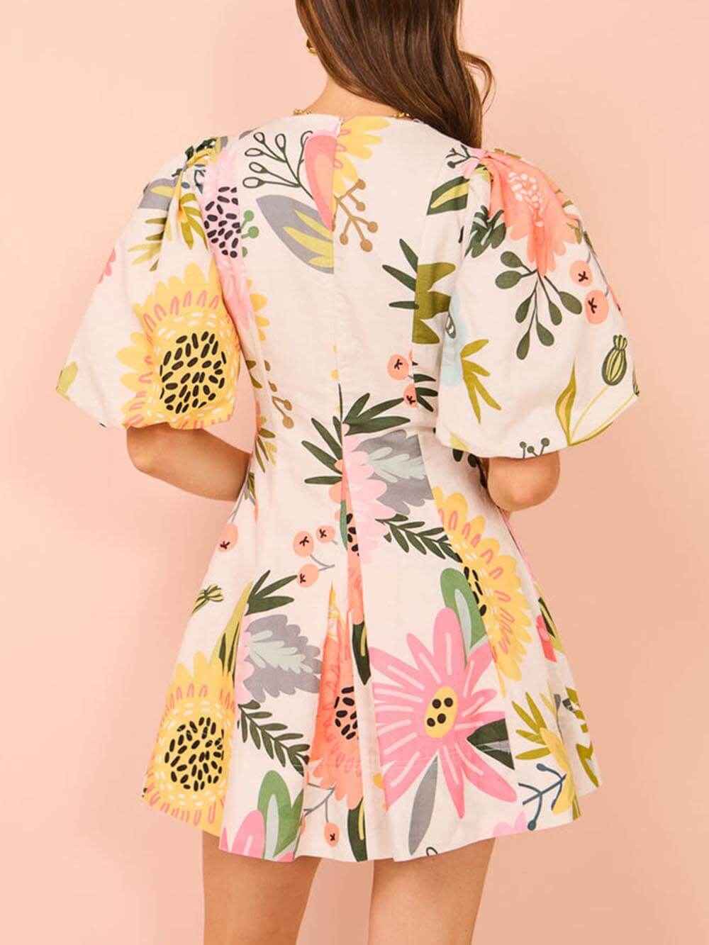 Women's Floral Print Mini Dress with Puff Sleeves and Pockets