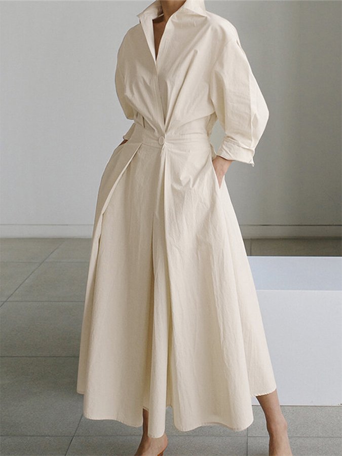 Women's A-Line Midi Dress with Long Sleeves and V-Neck – Lightweight and Fitted Beige