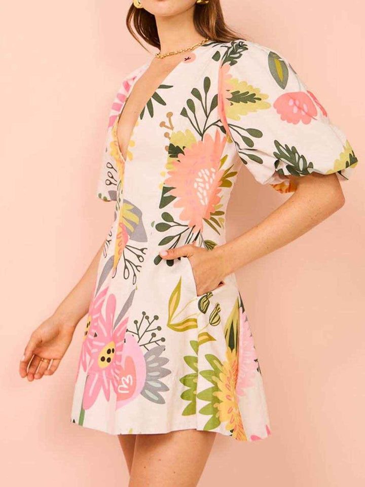 Women's Floral Print Mini Dress with Puff Sleeves and Pockets