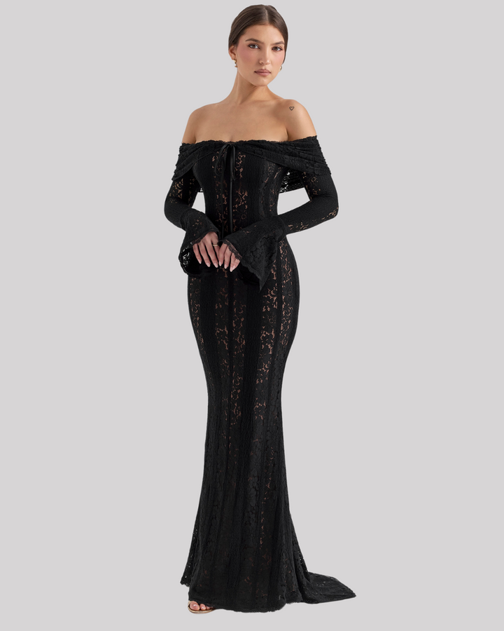Luxe Off-Shoulder Maxi Dress in Lace for Women Black