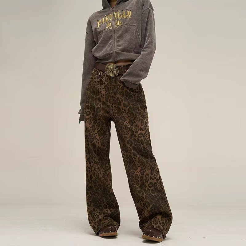 Melyna | Women's High Waist Wide Leg Leopard Print Jeans