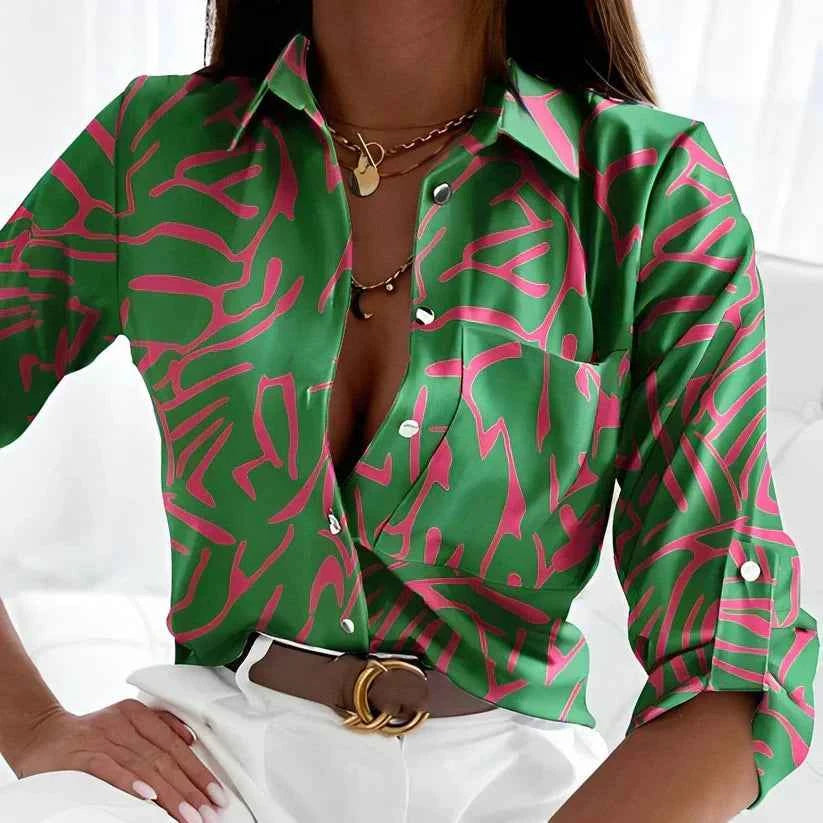 Women's Abstract Print Button-Up Blouse Green