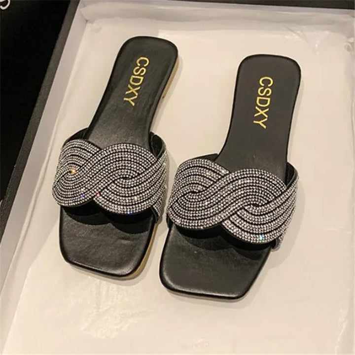 Women's Shiny Rhinestone Flat Sandals – Big Size 35-42 Glitter Slip-On Slides Black