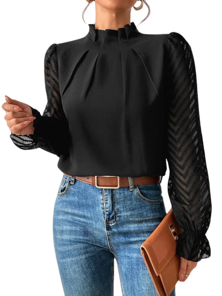 Women's High Ruffled Collar Blouse with Pleated Front and Sheer Chevron Sleeves Black