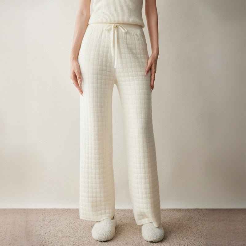 Women's Relaxed Fit Quilted Wide Leg Pants with Drawstring White