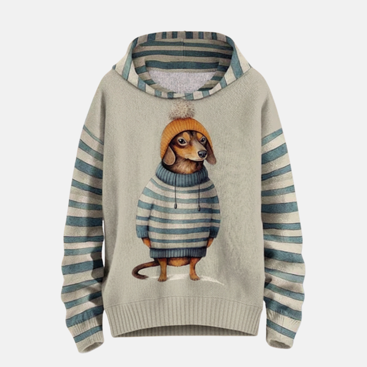 Women's Relaxed Fit Hoodie – Fleece Feel with Cartoon Dog Print & Striped Sleeves Blue