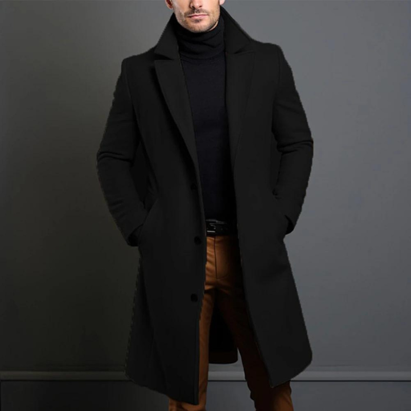 Men's Wool Blend Overcoat - Tailored Fit, Classic Lapel, Long Cut, Button Closure Black