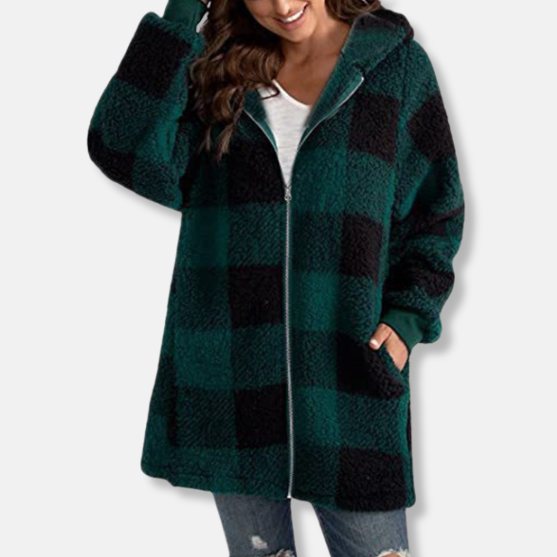 Women's Oversized Checked Hoodie – Soft Knit with Hood and Zipper Green