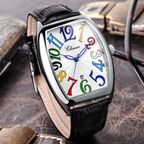 Elegant Leather Timepiece Black Silver Multicolored