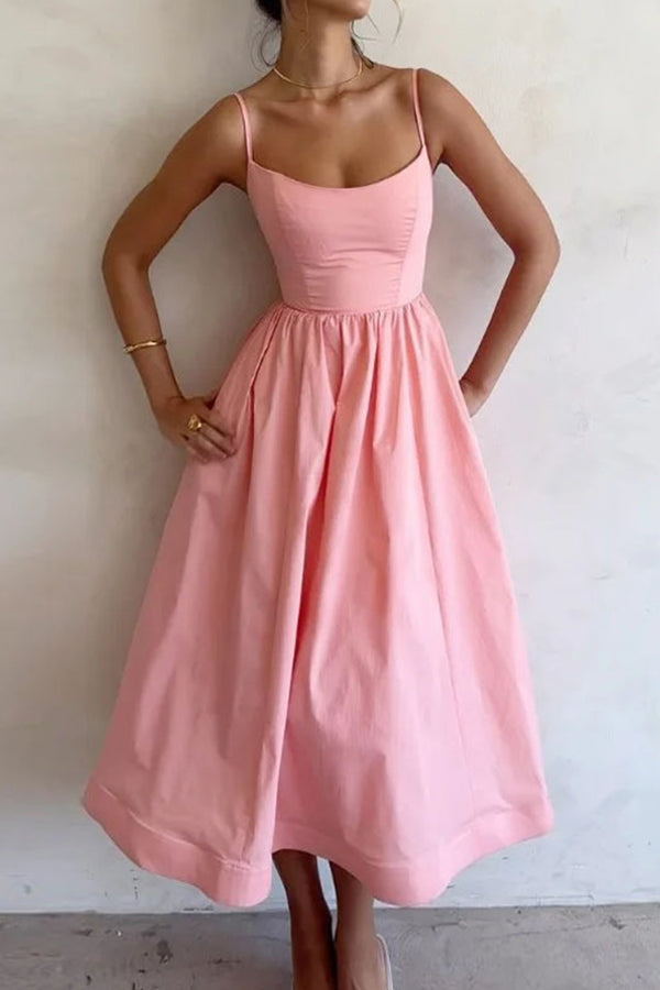 Evira | Women's Midi Evening Dress with U-Neck and Flared Skirt Pink