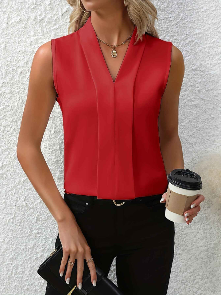 Women's Sleeveless Pleated V-Neck Blouse Red