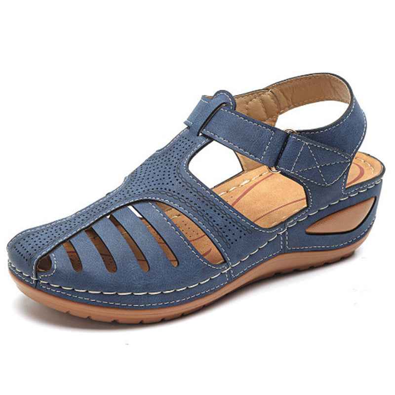 Women's Plus Size Retro Sandals Round Toe Wedge Sandals Blue