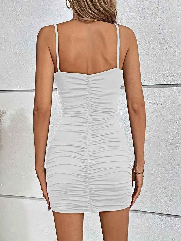 Women's Mini Bodycon Dress – V-Neck, Spaghetti Straps, Ruffled Slim Fit