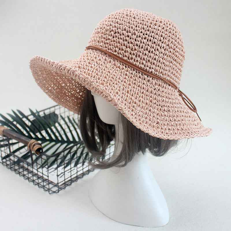 Straw Hat Sunshade Foldable Travel Beach Straw Hat Pink One size