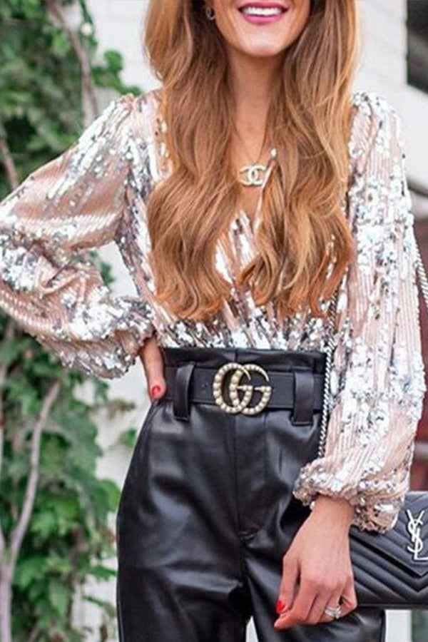 Women's V-Neck Sequined Blouse with Long Puff Sleeves - Relaxed Fit for Festive Occasions