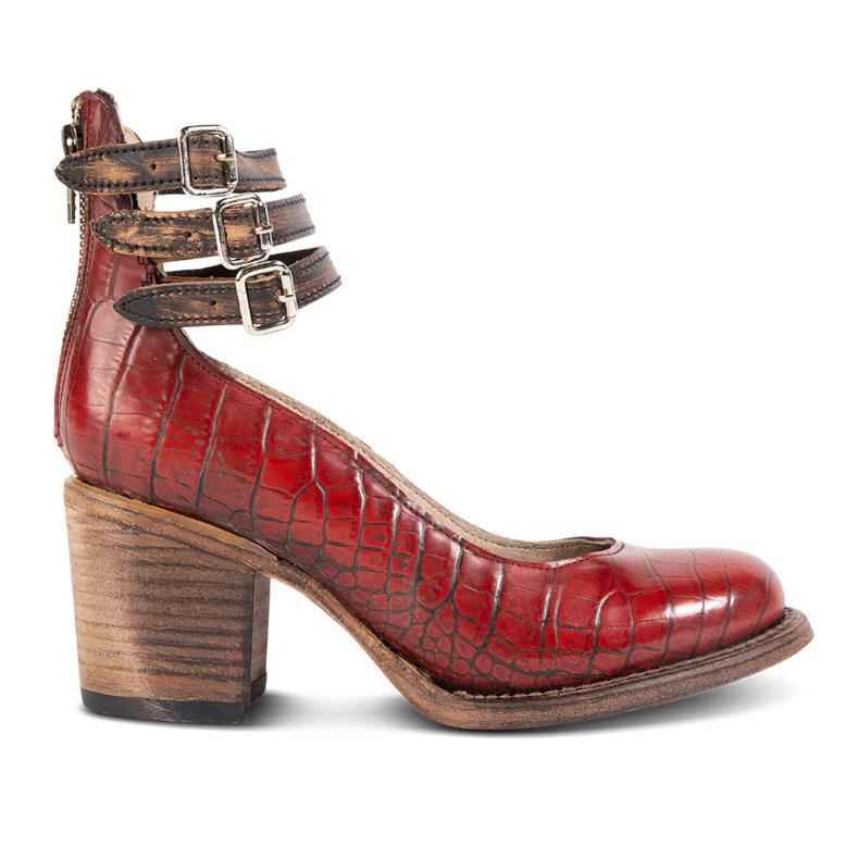 Three-Breasted Women's High-Heel Pumps With Snake Print Crocodile pattern red