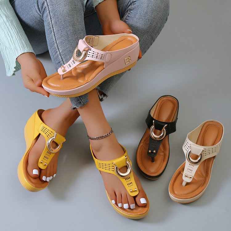 Women's High Heel Wedge Thong Sandals with Metal Accents