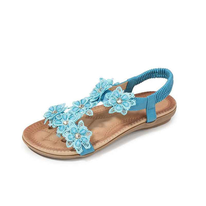 Large Size Sandals Women T-Shaped Flower Women Sandals Beach Sandals Blue
