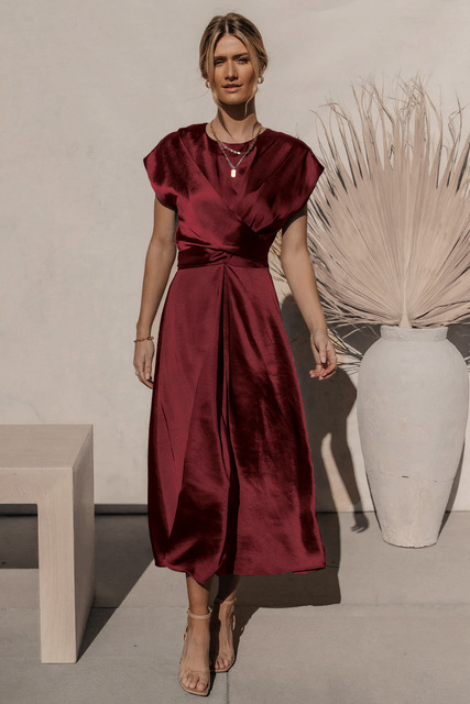 Women's Cross-Over Satin Dress Dark Red