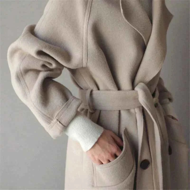 Women's Oversized Wool Blend Coat – Long Double-Breasted Classic Style