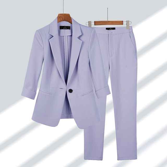 Women's Fitted Blazer & Straight Trousers Pantsuit – Elegant Business Attire Purple