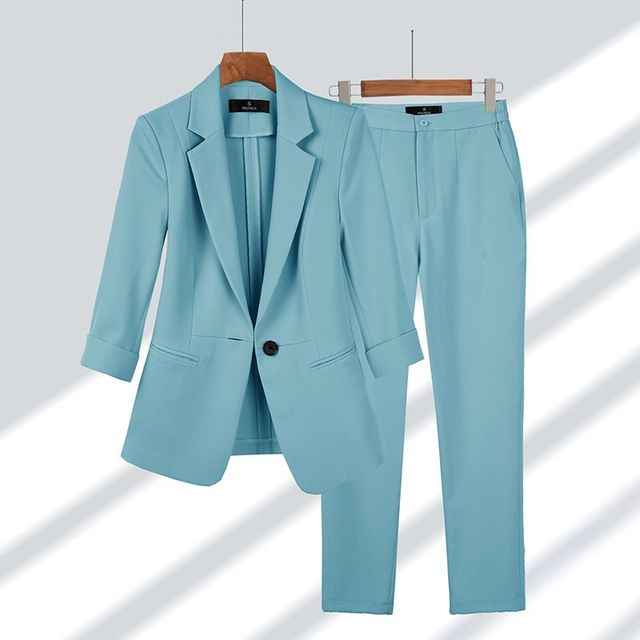 Women's Fitted Blazer & Straight Trousers Pantsuit – Elegant Business Attire Blue