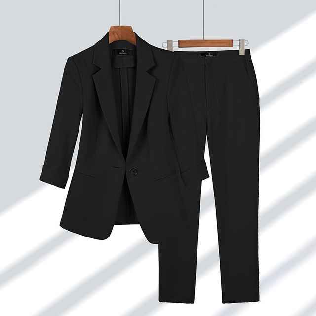 Women's Fitted Blazer & Straight Trousers Pantsuit – Elegant Business Attire Black
