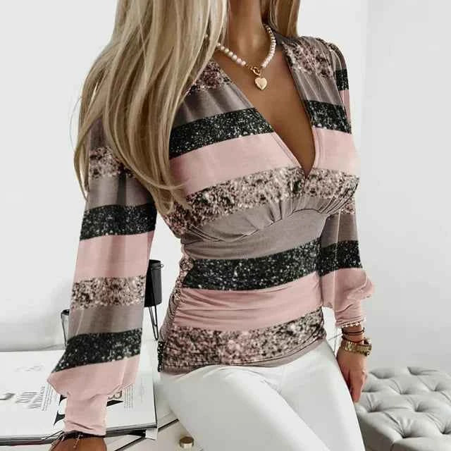 Women's Timeless Deep V-Neck Waist Blouse Pink & Black Stripes