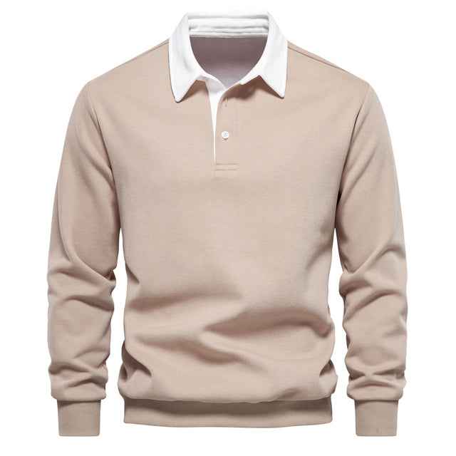 Men's Long Sleeve Polo Shirt - Contrast Collar - Breathable Cotton - Slim Fit Beige