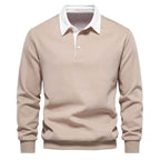 Men's Long Sleeve Polo - Cotton Blend - Regular Fit - Ribbed Cuffs - Breathable Casual Style Beige