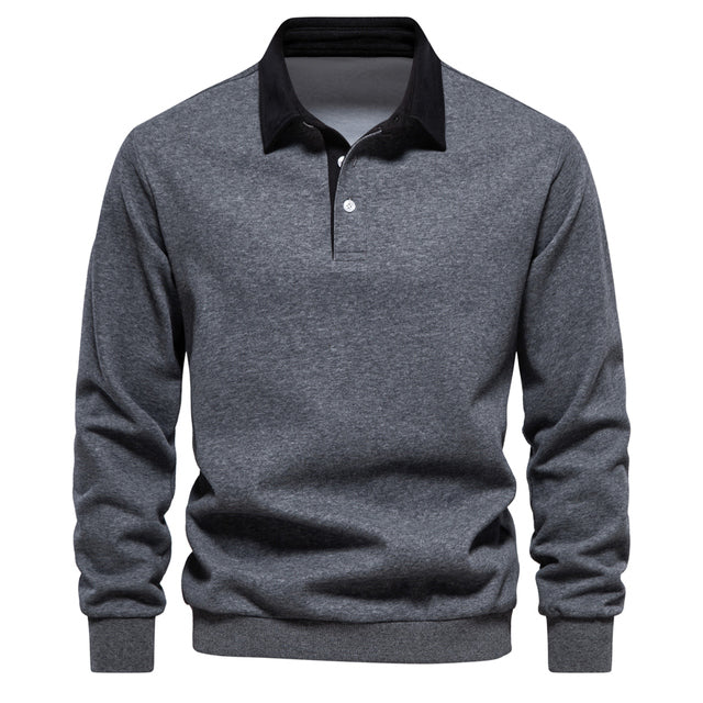 Men's Long Sleeve Polo Shirt - Contrast Collar - Breathable Cotton - Slim Fit Dark Grey