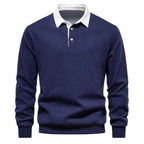 Men's Long Sleeve Polo - Cotton Blend - Regular Fit - Ribbed Cuffs - Breathable Casual Style Dark Blue