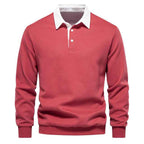 Men's Long Sleeve Polo Shirt - Contrast Collar - Breathable Cotton - Slim Fit Red