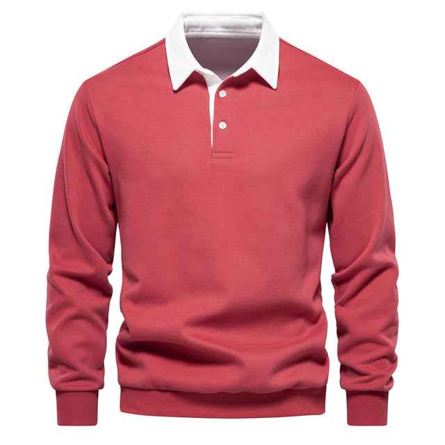 Men's Long Sleeve Polo Shirt - Contrast Collar - Breathable Cotton - Slim Fit Red