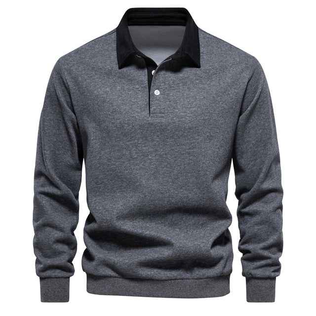 Men's Long Sleeve Polo - Cotton Blend - Regular Fit - Ribbed Cuffs - Breathable Casual Style Dark Grey