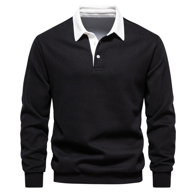 Men's Long Sleeve Polo Shirt - Contrast Collar - Breathable Cotton - Slim Fit Black