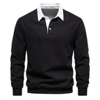Men's Long Sleeve Polo Shirt - Contrast Collar - Breathable Cotton - Slim Fit Black