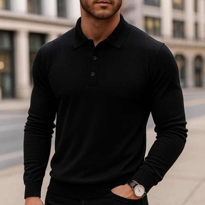 Merino Wool Polo Shirt for Men Black