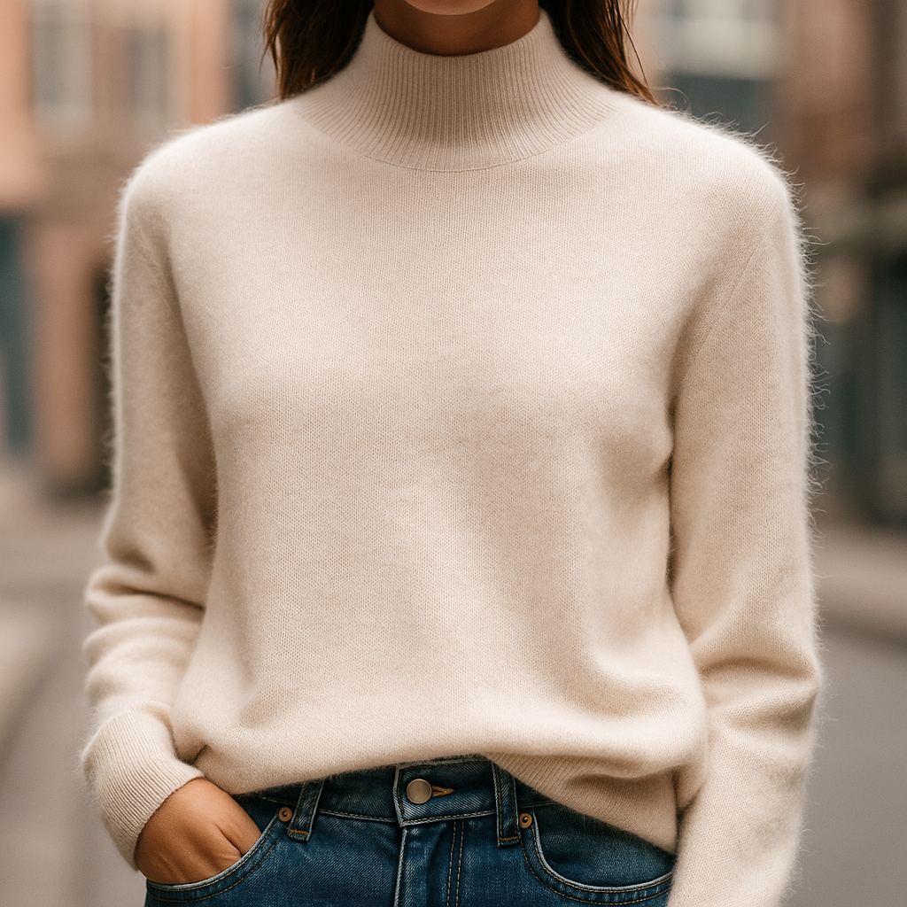 Luxurious Mink Cashmere Semi-Turtleneck Beige