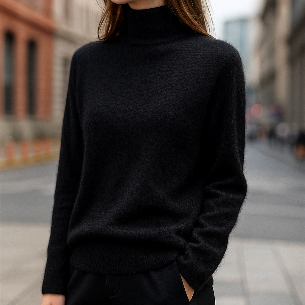 Luxurious Mink Cashmere Semi-Turtleneck Black