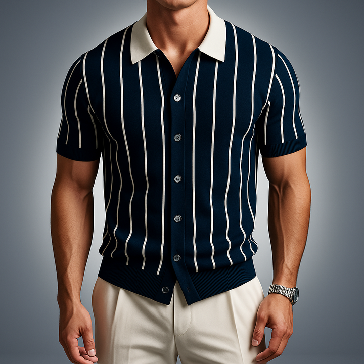 Men's Striped Knit Polo Shirt Blue