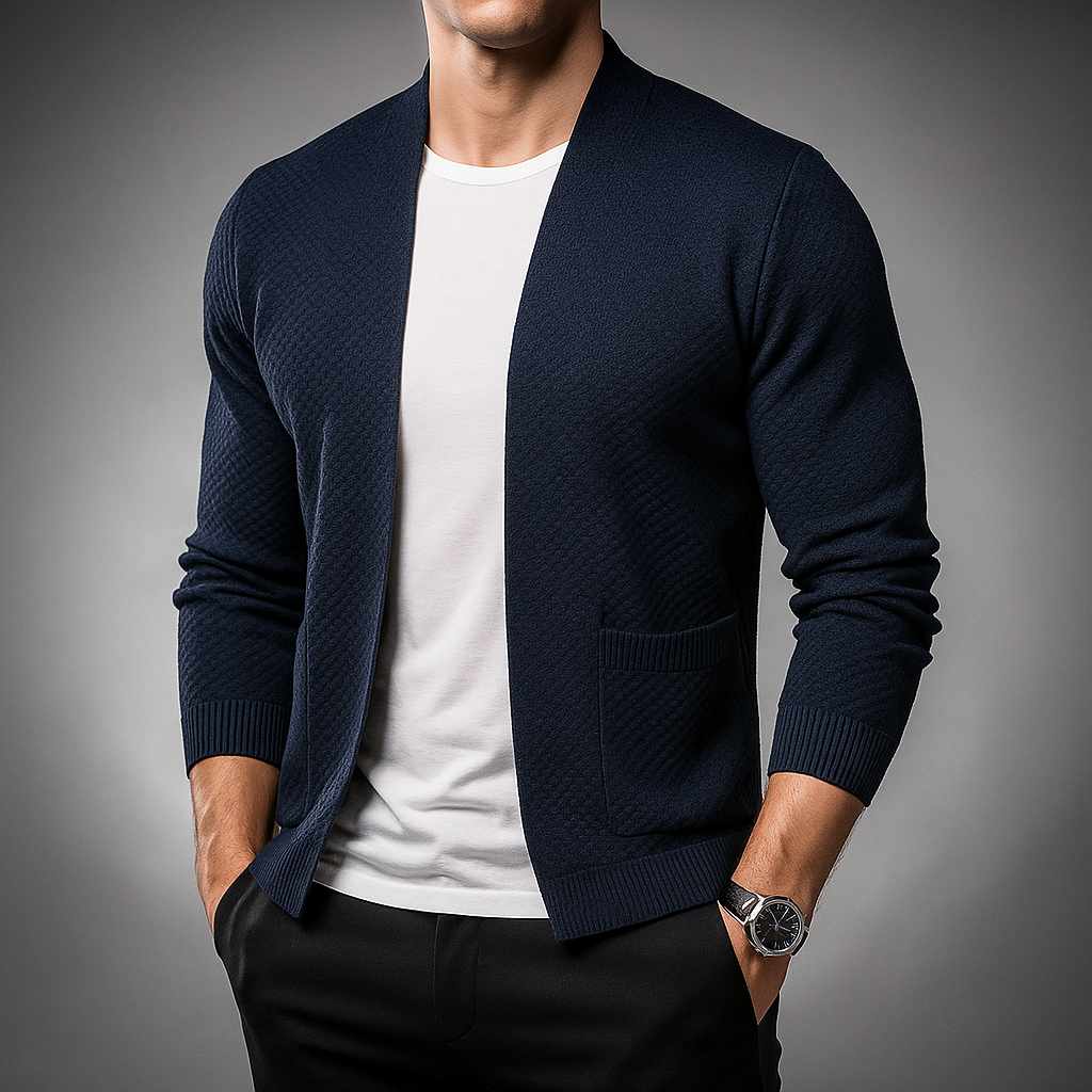Men's Waffle-Knit Cardigan in Manchester Style Navy Blue