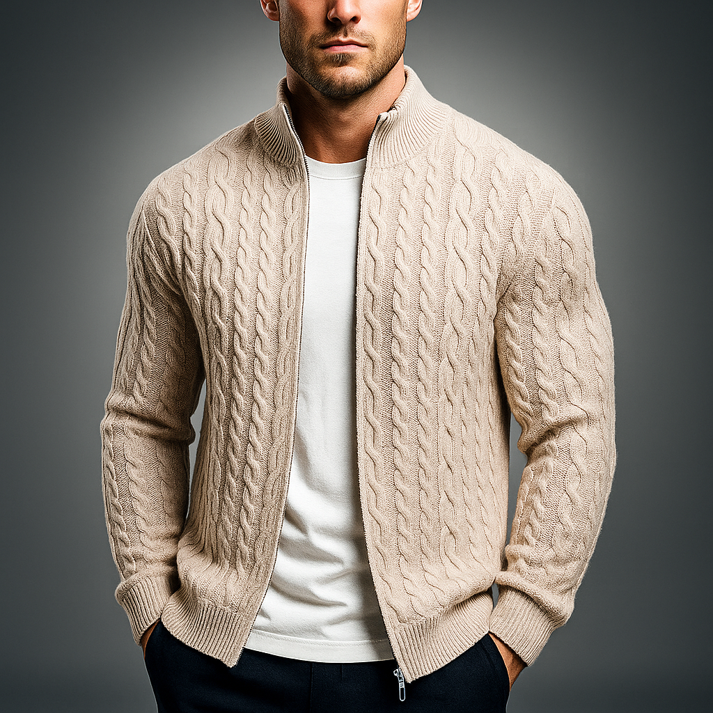Men's Cable-Knit Zip Cardigan Beige