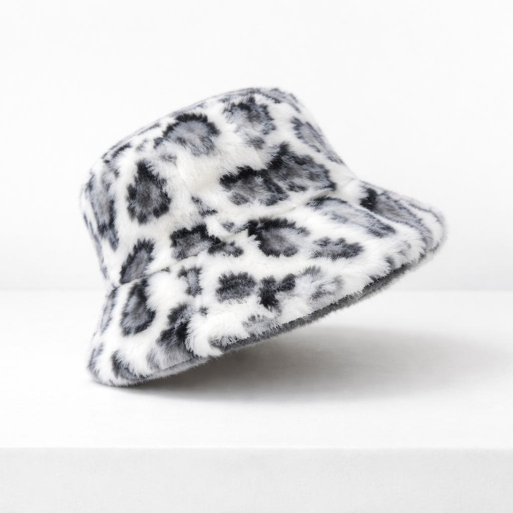 Leopard Print Faux Fur Bucket Hat White