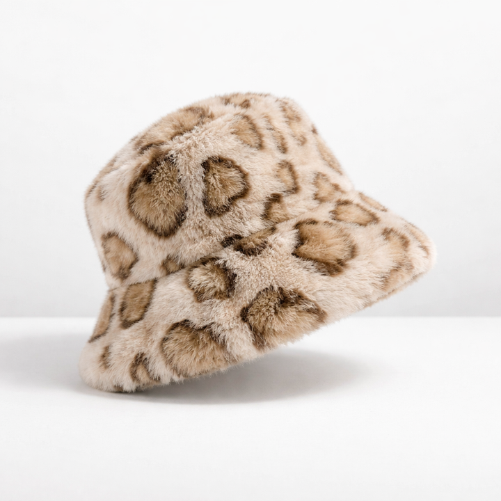 Leopard Print Faux Fur Bucket Hat Beige