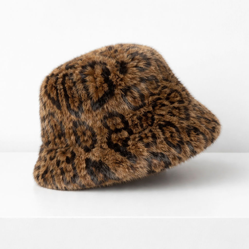 Leopard Print Faux Fur Bucket Hat Brown