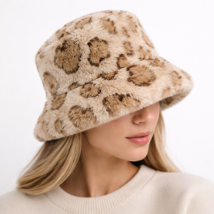 Leopard Print Faux Fur Bucket Hat