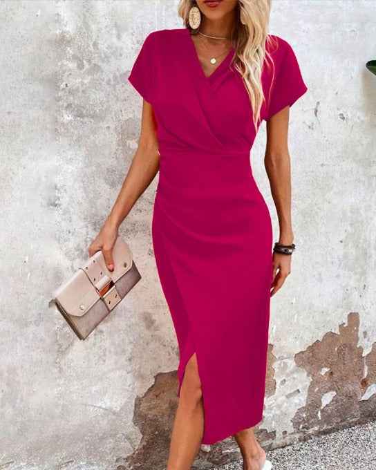 Women's Elegant Party Dress with Spring Slit Rose Red