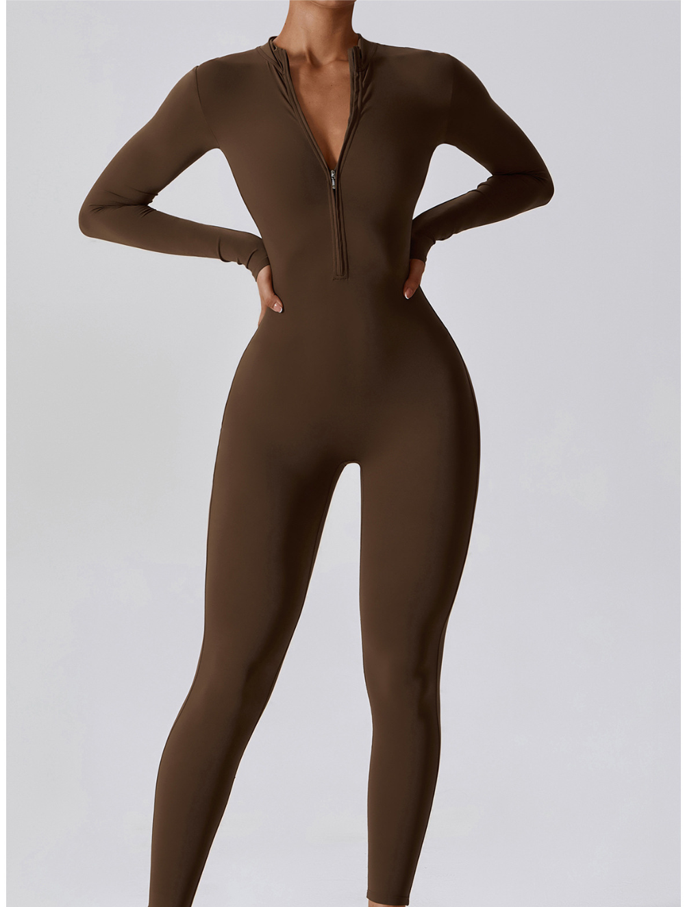 Women's Long Sleeve Shaping Yoga Fitness Jumpsuit Brown